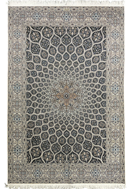 6'9 x 10 Persian Nain Habibian 6 LA Kork and silk rug with ivory field navy Gombadi dome medallion floral border handmade in Persia.