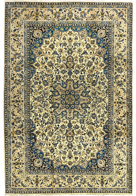 10'2 x 14'3 Persian Kashan rug full view with ivory field navy floral border and intricate central medallion handmade wool carpet from Persia