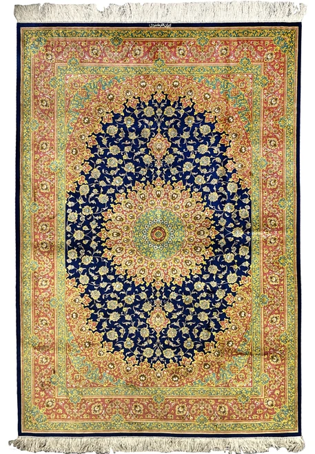 4x6 Persian Qum pure silk rug signed Kabiri navy blue rose teal gold floral medallion full view