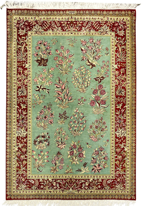 3x5 Persian Qum pure silk rug signed Motevasel allover floral celadon green crimson border full view