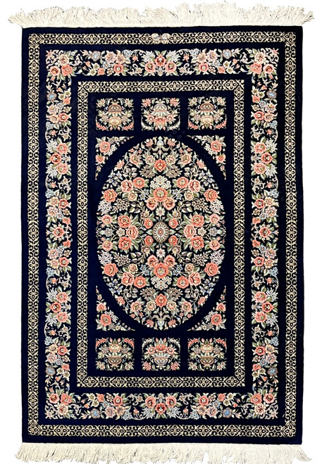3x5 Persian Qum pure silk rug signed oval floral medallion navy blue coral full view