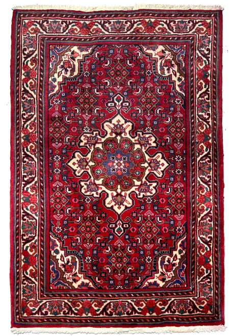 3x5 Persian Koliai tribal rug thick wool red ivory navy Herati medallion full view hand-knotted