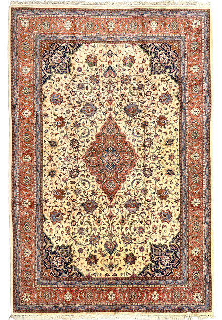 9x13 Persian Sarough rug ivory field rust border floral medallion full view hand-knotted wool