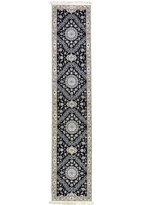 3x15 Persian Nain 6La Habibian signed runner full view, navy field, ivory border, four medallion allover design