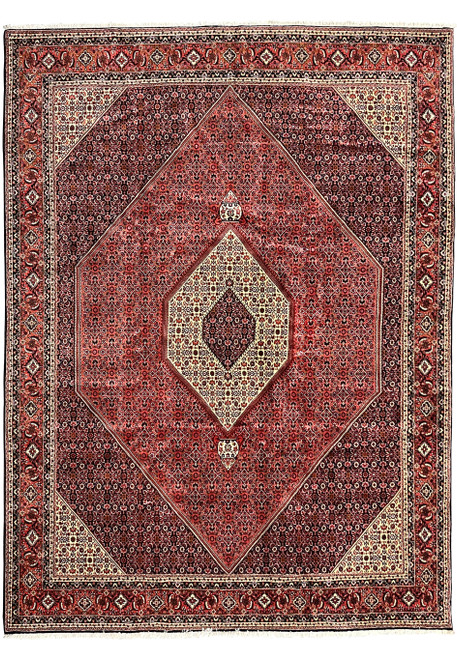 Authentic 10x13 Persian Bijar rug full view, red field with ivory medallion and navy border