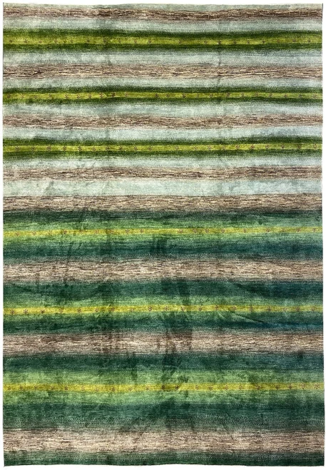 Authentic 14 x 20 oversize hand-knotted Indo Gabbeh rug full view in green multi for palace size rooms