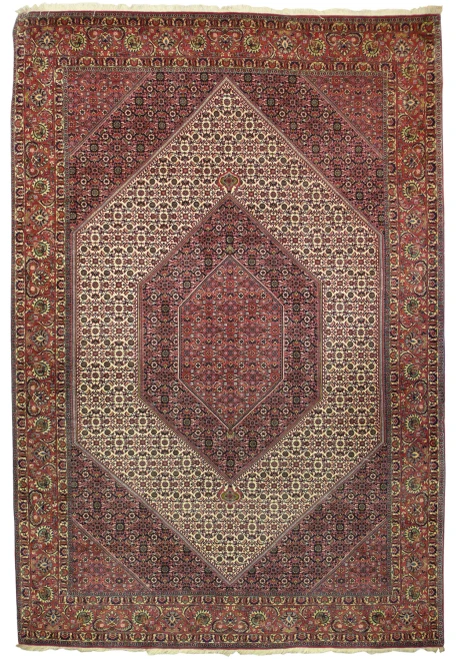 Authentic 6'9 x 9'10 Persian Bijar Bukan iron rug full view with stepped diamond medallion on ivory field