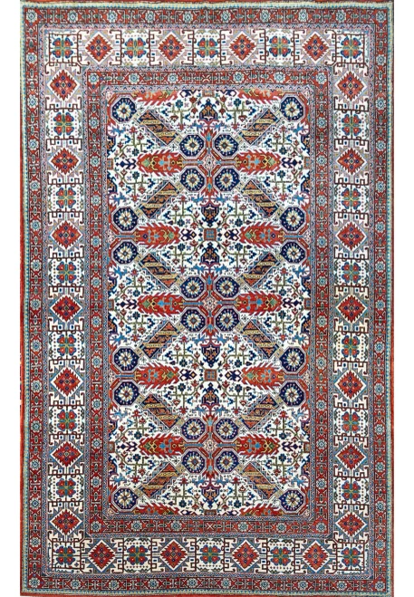 4'5" x 7'2" Persian Qum Kork Rug | Geometric Allover | Ivory and Brick Red | 400 KPSI