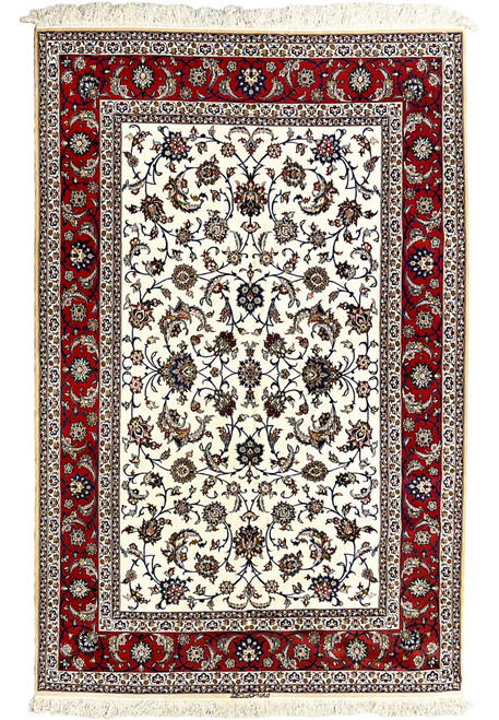 Full view of authentic hand-knotted Isfahan rug with allover floral design on ivory ground