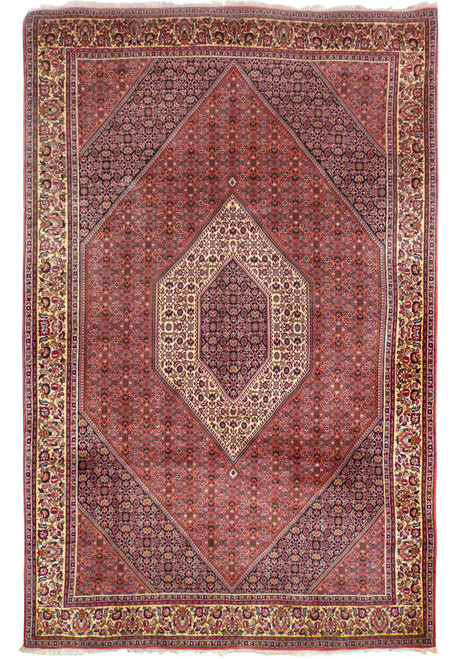 Full overhead view of 7x10 Persian Bijar rug with double diamond medallion on terracotta herati field