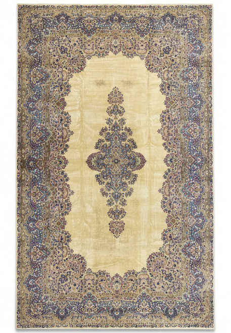 12x19 Persian Kerman rug full view, ivory open field with sky blue and rose floral medallion, hand-knotted wool