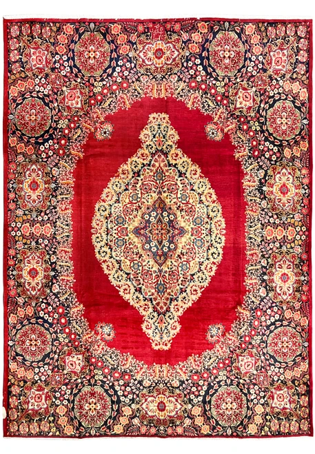 Full view of 10x14 signed antique Persian Moud rug, ivory cartouche medallion with deep navy floral border, pre-revolution