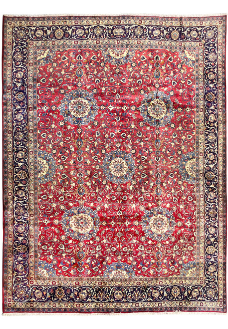 9'6 x 12'6 Persian Isfahan Rug | Allover Floral | Red Field Navy Border