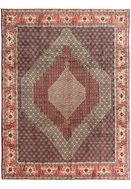 10x13 Persian Senneh rug full view, stepped diamond medallion with fine herati field on red and ivory, authentic handmade