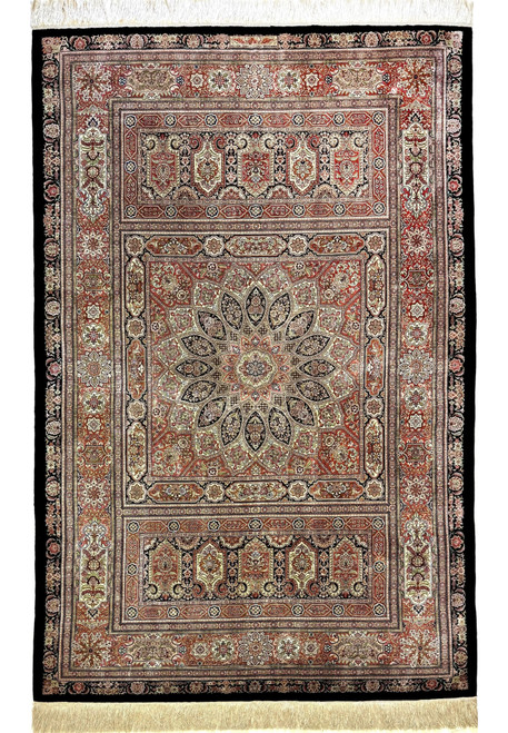4 by 6 Persian Qum pure silk rug signed by Master Hossein Kashizadeh, dome medallion on black field