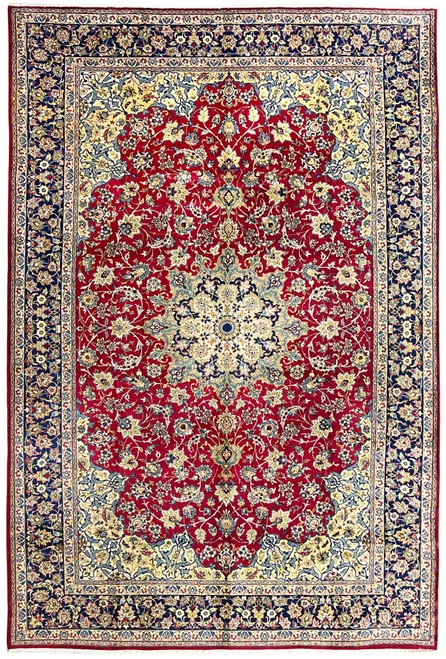 Full view of oversized red Persian Najafabad rug with allover Shah Abbas florals and navy border