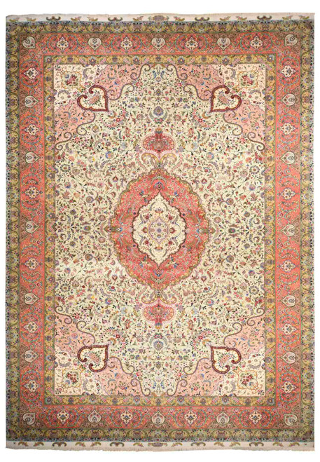 13x20 Persian Tabriz masterpiece full view, ivory field with rose medallion and coral floral border