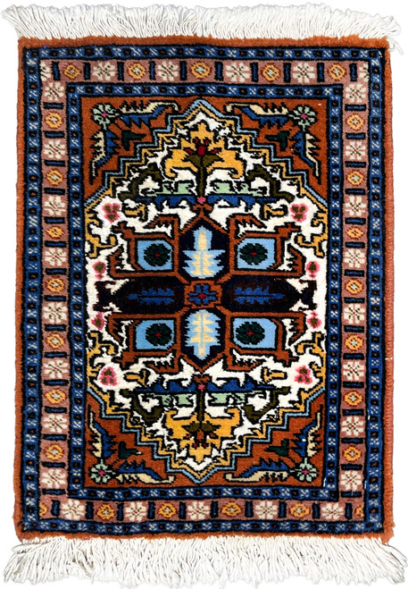 Stepped Heriz-style medallion in navy and ivory with golden palmettes, Persian Ardebil baby rug wool and silk