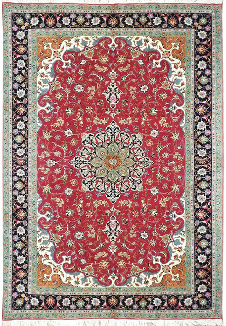 6'9 x 9'10 Persian Tabriz 60 raj rug, wool and silk on silk foundation, raspberry red field with mint medallion