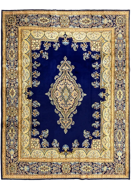 9'10 x 13'7 Persian Yazd rug full view, midnight navy field with elongated floral medallion and ivory cartouche border