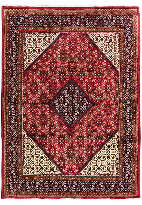 9x13 Persian Mahal rug shown flat, red field with navy diamond medallion and ivory corner spandrels