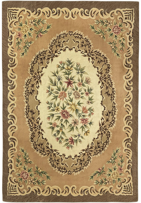 8x12 hand-hooked Oriental rug with a cream floral bouquet medallion on a taupe and brown field