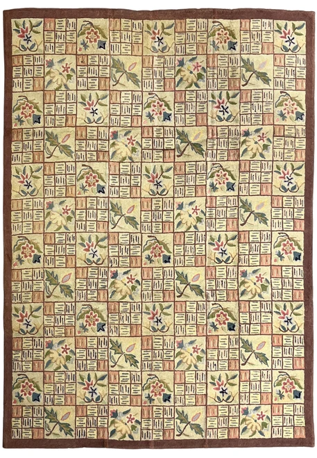 8'11 x 12'2 hand-hooked Oriental rug with patchwork floral tiles and chocolate brown border