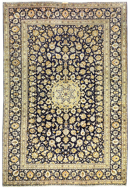 8'4 x 12'1 signed Persian Kashan rug with midnight navy field and ivory star medallion