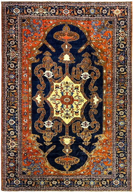 14'2 x 19'2 oversize Persian Heriz rug with navy field and ivory star medallion