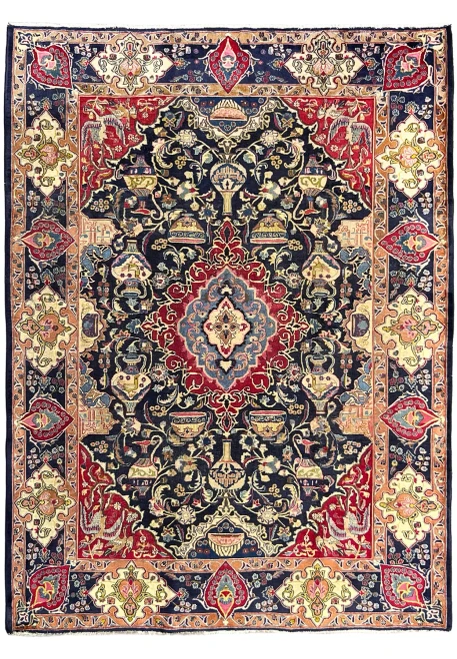8x11 Persian Kashmar Zirkhaki rug, navy field with ancient archaeology pictorial design and central medallion