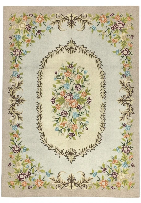 8 x 11 Indian hand hooked rug with oval floral medallion on a soft blue field
