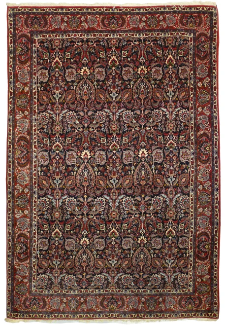 7 x 10 Persian Bijar Halvai rug with a densely flowered navy field and red border, hand-knotted wool