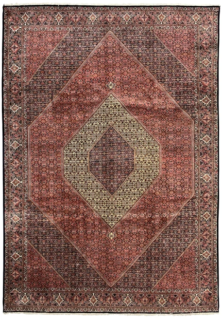 10x14 Persian Bijar rug with a dense Herati field and a stepped ivory and black diamond medallion.