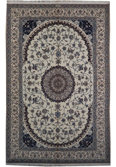 7x10 Persian Nain Habibian 6La rug with ivory field and round navy medallion, wool and silk