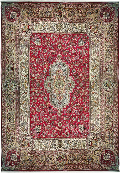 10x13 Persian Kerman rug with red Shah Abbas floral field and pictorial bird border
