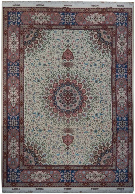 10x13 signed Persian Tabriz 70 Raj rug with layered medallion on ivory swirling floral field
