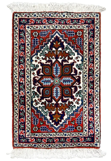 1x2 Persian Ardebil baby rug with stepped geometric medallion in red, ivory, and navy