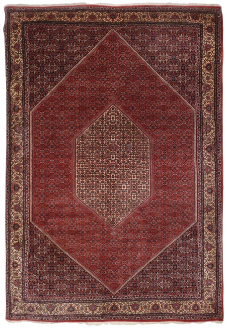 7x10 Persian Bijar iron rug with Herati fish pattern in red, navy, and cream layers
