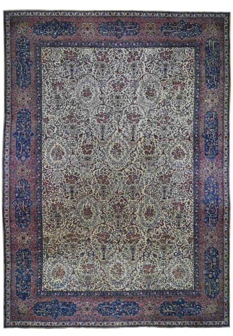 13x20 Palace size antique Persian Kerman circa 1880 with poetry cartouche border on alabaster field