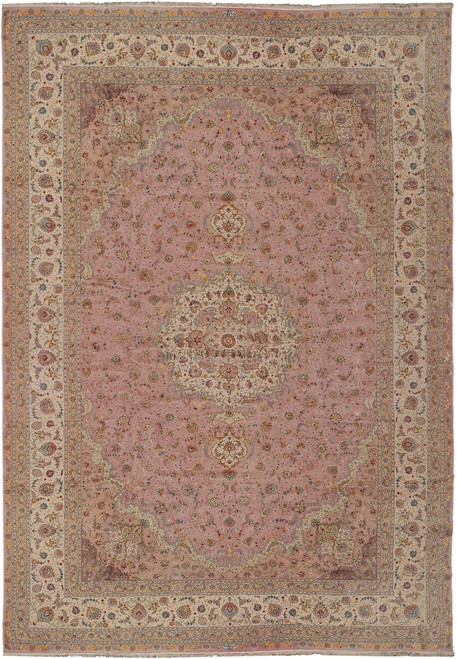 20x30 Persian Tabriz rug, rose field with ivory medallion and cream multi band border