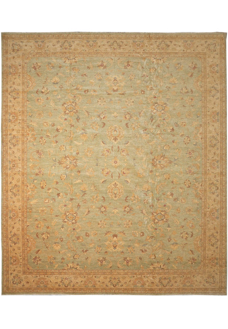 17x20 Chobi Ziegler oversize rug, sage green field with all-over gold floral design and tan border
