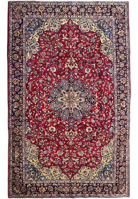 10x16 Persian Najafabad rug, red floral field with a blue central medallion and navy border