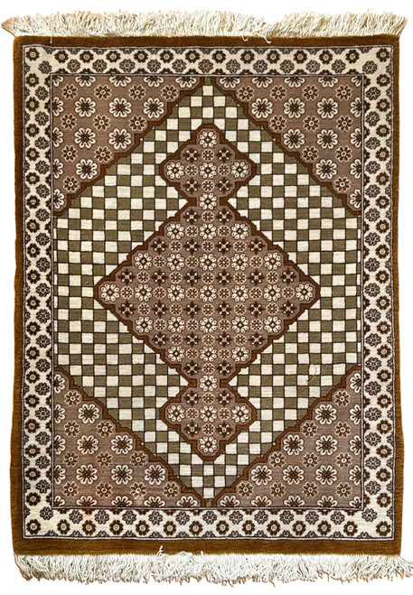 2x2'6" Persian Qum kork wool rug with checkerboard field and rosette diamond medallion