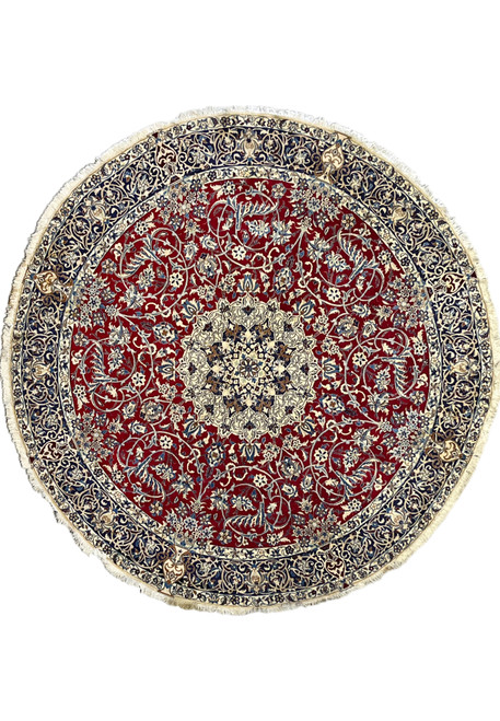 8'6" x 8'6" round Persian Nain 9La rug with red field and ivory sunburst medallion