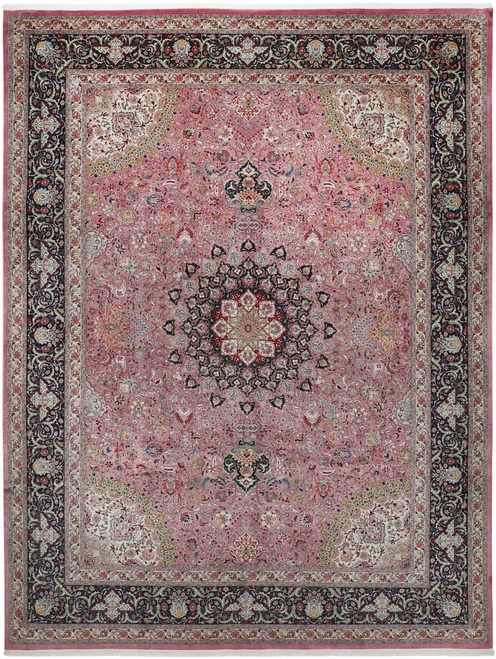 9'8" x 12'10" Persian Tabriz rug with rose pink field and navy floral border