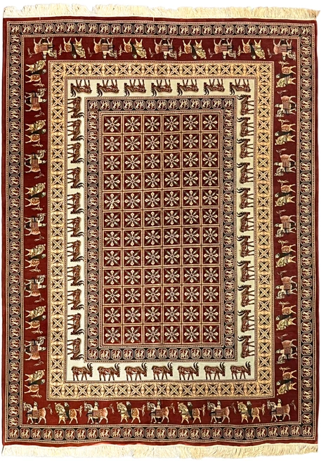 6'6 x 9 Persian Tabriz rug with Pazyryk design, red field of star filled squares