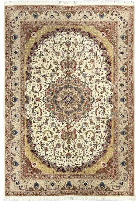 6'8" x 9'9" Persian Tabriz rug, full view of ivory Shiva Galam medallion with olive gold spandrels