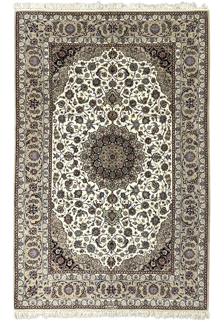 6'9 x 10'1 Persian Isfahan rug, ivory field, navy medallion, signed Yazdani, wool and silk on silk foundation