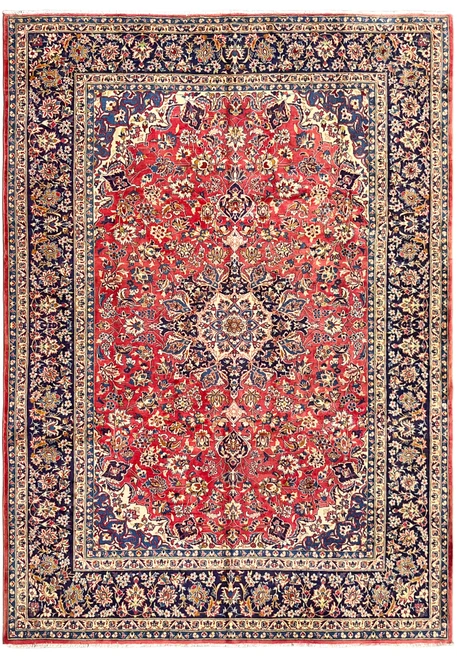 10x14 Persian Isfahan rug with red field, navy star medallion, ivory spandrels and navy palmette border
