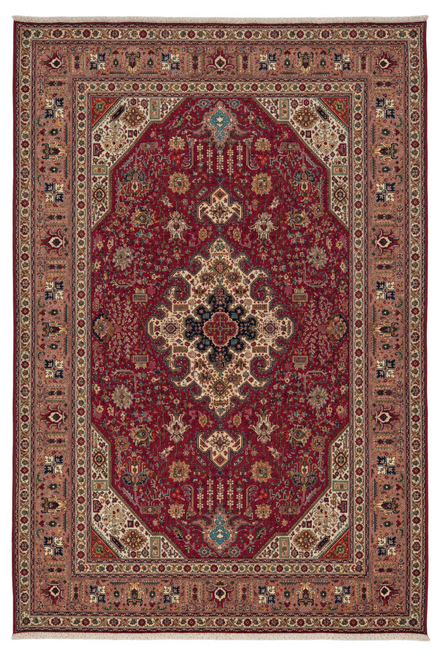 Full overhead view of the red Tabriz rug with ivory medallion and dusty rose border